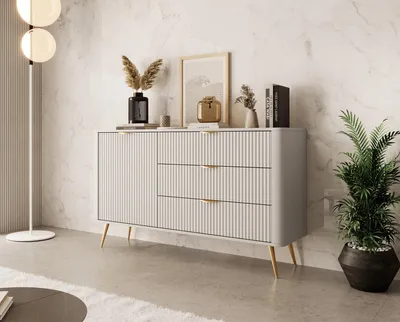 Produktbild von Kommode LANTE 140 – Beige 138 cm, 3 gerillte Schubladen, goldene Griffe und Beine