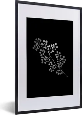 Produktbild von MuchoWow® Gerahmtes Poster Zweig mit runden Blättern auf schwarzem Hintergrund - schwarz und weiß 40x60 cm - Poster mit Schwarzem Bilderrahmen Wandposter Rahmen Foto Bilder - Poster in Rahmen