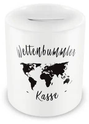 Produktbild von Spardose für Reisekasse - Motiv Weltenbummler - Geldbehälter für Urlaub - Weltkarte Design