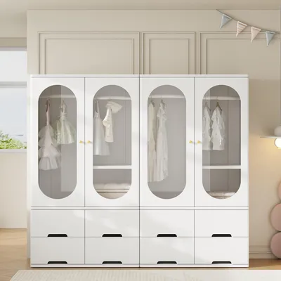 Immagine prodotto di Armadio per bambini, set da 2, bianco, con ante in vetro temperato sagomate e 4 cassetti, dimensioni 160 x 42 x 142 cm