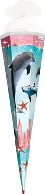 Produktbild von ROTH Schultüte groß Delfin mit Seesternen 85 cm  Glitter und Glitzerborte eckig Rot(h)-Spitze Tüllverschluss Zuckertüte