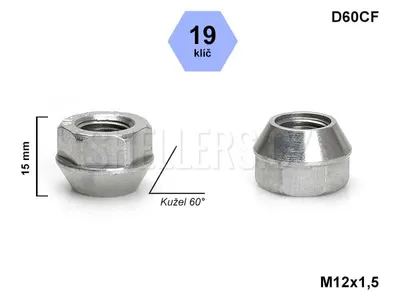 Obrázek produktu pro Kolová matice M12x1,5 kužel, nízká otevřená, klíč 19, D60CF, výška 15