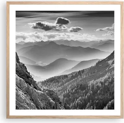 Produktbild von Gerahmtes Poster - Rahmen in heller Eiche - Schwarzweiß Landschaft Berge - 60x60 cm - Wand Bild - Wanddeko - Wandbilder - Kunstposter - Wandposter - Bilderrahmen - Bilder - P2NAC60x60-4560