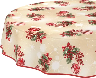 Produktbild von Tischdecke Weihnachten Weihnachtskugel Beige Rund 140cm Band Wasserabweisend abwaschbar