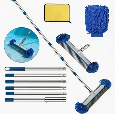 Produktbild von 6-teiliger Poolreiniger mit Teleskopstange 225 cm, Bürste, Tuch & Handschuhe – Schwimmbad, Teich, Whirlpool Reinigung leicht gemacht