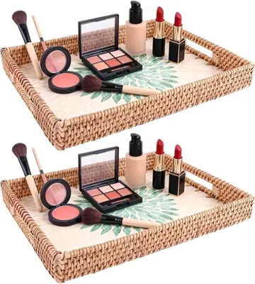 Set aus 2 rechteckigen Rattan-Tabletts 35x27x5 cm mit Griff, ideal für Badezimmer und dekorative Aufbewahrung