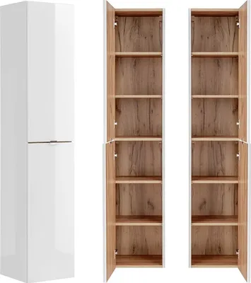 A white bathroom cabinet with wooden interior shelves, shown from the front with doors open and closed.