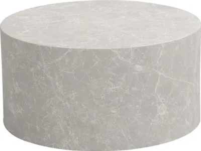 Couchtisch MONOBLOC mit runder Platte in Stein-Optik Sandfarben, Gesamtansicht von vorne.
