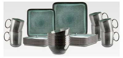 Produktbild von 24-teiliges Kombiservice in Grün aus Steinzeug, eckiges Geschirr für 6 Personen, bestehend aus 6 Desserttellern, 6 Speisetellern, 6 Kaffeebechern und 6 Schalen, spülmaschinenfest