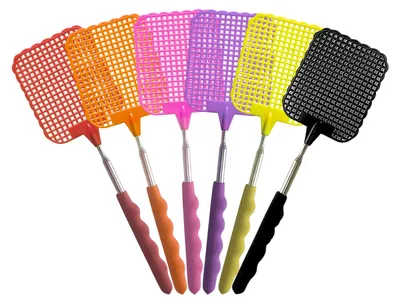 Produktbild von Fliegenklatsche Insektenklatsche Fliegenpatsche - Set mit 6 Stück - Teleskopstiel aus Edelstahl - Mehrfarbig - Ausziehbar 27,5 bis 77,5 cm