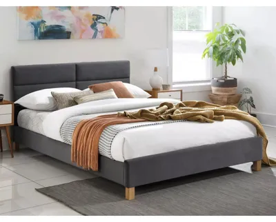 Image de Lit double en velours "Sierra" - Gris - 140 x 200 cm