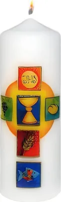 Produktbild von Tischkerze Kommunionkerze 170 x Ø 60 mm in Weiß "farbenfrohe Liturgie" und Namensverzierung