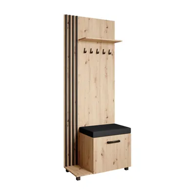 Produktbild von Garderobenschrank LIVIA Links Eiche Artisan– Garderobe mit Kleiderhaken, Schuhschrank, schwarze Lamellen, schwarzem Sitzkissen, Hochschrank, Flurmöbel