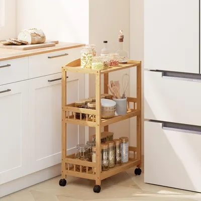 Imagen del producto de Carrito de cocina Sweiko con 3 niveles, carro de servicio con espacio de almacenamiento, estantería móvil para la cocina, el baño o la oficina, fabricado en madera natural