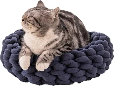 Produktbild von Katzenbett waschbar Polyester-Stricken Hundebett - Katzenschlafplatz für Katzen und kleine Hunde, Katzenkissen rund Kuschelbett Größe in 30x30 cm, Navy blau