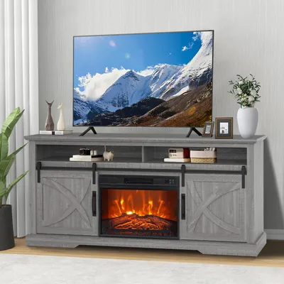 Produktbild von Parrot Uncle TV-Schrank mit Kamin 173cm, Hellgrau Vintage, MDF & Stahl, Schiebetüren, Fernbedienung, für Wohnzimmer & Schlafzimmer