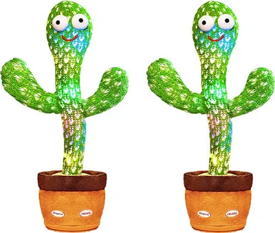 Two plush toy cacti in pots, displayed side-by-side against a white background.
