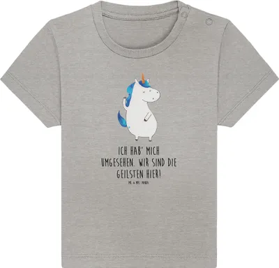 Produktbild von Mr. & Mrs. Panda Organic Baby Shirt Einhorn Mann 6. - 12. Monat - Heather Grey - Geschenk, , Unicorn, Einhörner, Kurzarmshirt, Party, Babyshirt, Beste, BFF, Familie