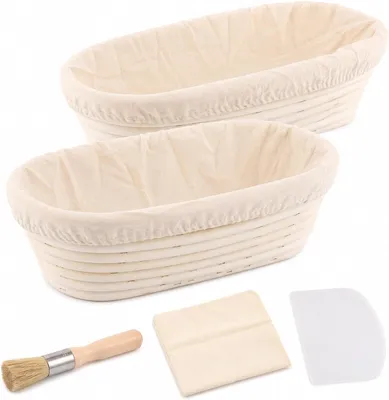 Produktbild von Röhrgärkörbe, oval, 28 cm - Set aus 2 Stück - Gärkörbe für Brot - Gärkörbe mit Bürste und Kunststoffspatel - Zum Brotbacken