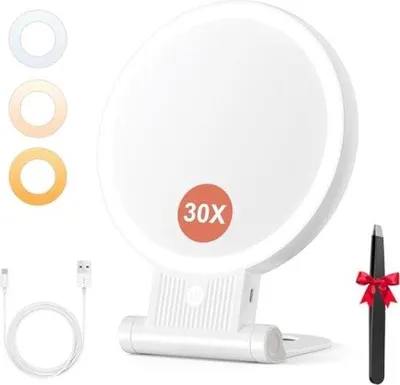 Immagine prodotto di Specchio da trucco con luce a LED e ingrandimento - Pieghevole e ricaricabile