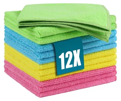 Zdjęcie produktu dla Zestaw 12 sztuk ścierek z mikrofibry, 30x30 cm, 4 kolory, wyjątkowo miękkie, bardzo chłonne, nadają się do prania