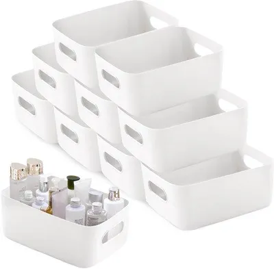 Imagen del producto de Ibenzoa®: Juego de 10 cajas de almacenamiento de plástico elegantes con asas, color blanco, 30 x 20 x 12 cm (7 litros) por caja, ideales para el hogar y la oficina