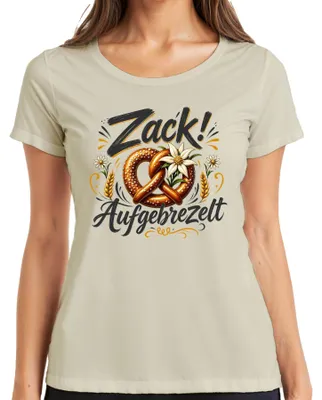 Productafbeelding van Zack! Bayersische pretzel, Wiesn (Oktoberfest) kleding, shirt met traditioneel motief, lederen broek, dames T-shirt, naturel kleur, maat XXL