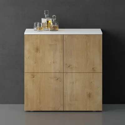 Image de doporro Buffet Commode 76cm Meuble de Rangement Blanc Mat et Chêne Clair Placard Salon Salle à Manger 4 Portes Schrank04