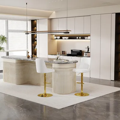 Image de Lot de 2 tabourets de bar réglables en hauteur, pivotants à 360°, en cuirPolyuréthaneblanc matelassé, pieds en métal doré, adaptés aux îlots de cuisine et aux comptoirs de bar
