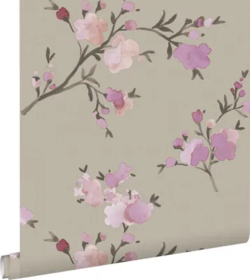Zdjęcie produktu dla ESTAhome tapeta flizelinowa z ekoteksturą kwiaty wiśni taupeIliliowo fioletowym 53 cm x 10.05 m