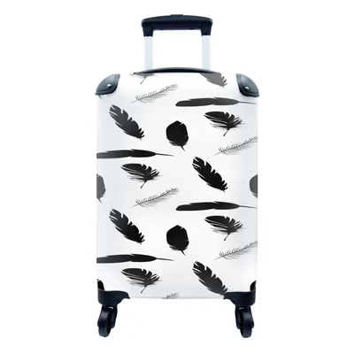 Produktbild von MuchoWow® Koffer Handgepäck Trolley Rollkoffer Kleine Reisekoffer mit 4 Rollen - Federn - Schwarz und weiß - Muster - Cabin Size < 55x40x23 cm & 55x40x20 cm - Fotokoffer - Kabinenkoffer - Boardgepäck - Reise-Box - Reisekoffer - Reisegepäck - Koffer mit Bild - Trolley für Kinder