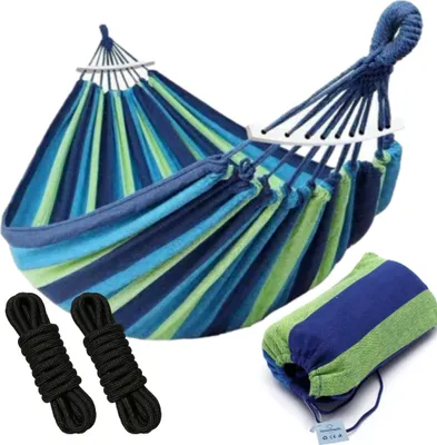 Produktbild von Doppel hängematte Blau mit Spreizstange - 190x150 cm - In Aufbewahrungstasche + Befestigungsseile - Wetterfest