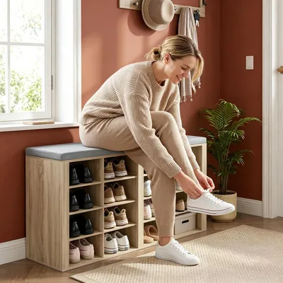 Produktbild von Schuhbank mit Sitzfläche, 16 Fächern, Eiche | Schuhschrank mit Sitzbank, Verstellbare Ablagen, Für Wohnzimmer, Schlafzimmer, Flur