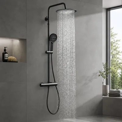 Image de Système de douche thermostatique, pommeau de douche pluie, douchette à main, noir, 300 mm