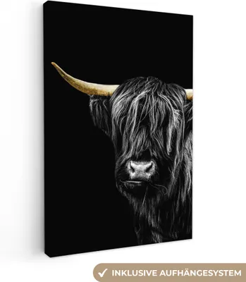 Produktbild von MuchoWow® - Leinwandbilder - Schottischer Highlander - Gold - Schwarz, Wandbild, Wanddeko Bilder Wohnzimmer, 60x90 cm