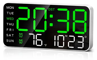 A digital clock displaying the time, date, and temperature.