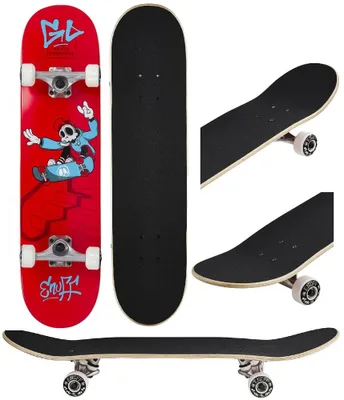 A collage of images showing a skateboard from different angles, including the deck, grip tape, wheels, and trucks.