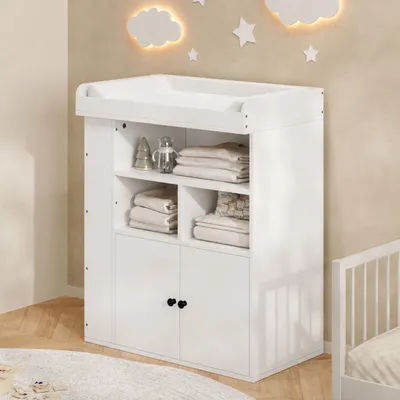 Productafbeelding van STILVORA Baby-commode met verschoningstafel, voorzien van een afneembare beschermingsrail, met opbergruimte en lades. 2-in-1 verschoningstafel, zonder verschoningmatras