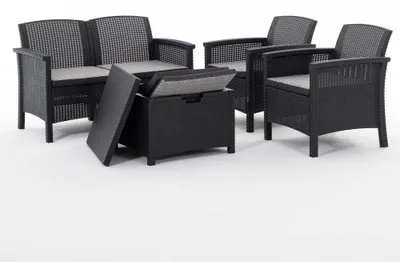 Produktbild von Gartenmöbel-Set aus Polypropylen in Rattanoptik mit 2-Sitzer-Sofa, 2 Sesseln, abnehmbaren Kissen und Aufbewahrungstisch, ideal für Terrasse, Veranda und Garten Tropea/Anthrazit