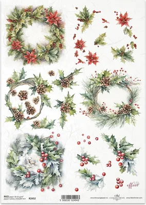 Produktbild von ITD Reispapier Decoupage Bastelpapier Serviettentechnik-R2432 Weihnachtsgirlanden aus Tannenzapfen Weihnachtsstern
