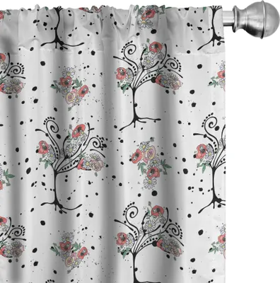 Produktbild von ABAKUHAUS Blumen Vorhänge, Gardinen, Muster von Hand gezeichneten Bäume mit Blumen, 2 Stück 75 x 225 cm, Weiß Koksgraue Coral