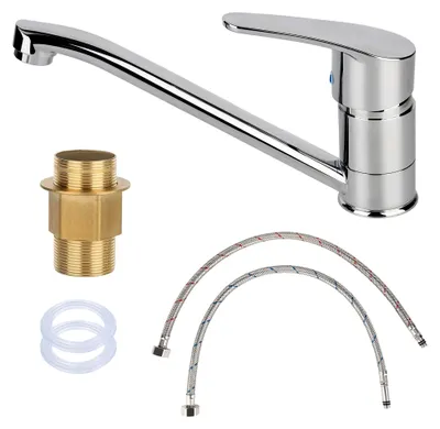 Produktbild von Küchenarmatur 360° drehbar Wasserhahn schwenkbare Spültischarmatur in Chrom, Einhebel-Mischbatterie für die Küche mit 2 Stück 50 cm Schlauch