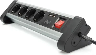 Zdjęcie produktu dla Digitus 4 gniazda, biurowa listwa zasilająca z 2 wejściami USB, 1,5 m, Wewnętrzna, Typ E / F, Type F (CEE 7/4), Czarny, Srebrny, Aluminium