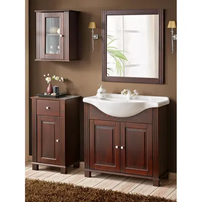 Produktbild von Badezimmermöbel Set inkl. 85 cm Keramik-Waschbecken AVEIRO-56 im Landhausstil, Pinie Massivholz braun, B/H/T ca. 161/180/49cm