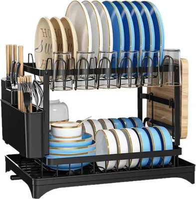 Produktbild von 2-stöckiges Geschirrregal für die Küchentheke, Geschirrabtropfgestell mit Abtropfgestell, Geschirrständer-Abtropfset aus Edelstahl mit Utensilienhalter, Schneidebretthalter, Küchengeschirr-Organizer, Schwarz