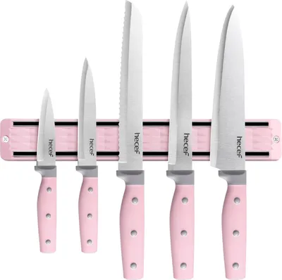 Image de Barre à couteaux magnétique 33 cm avec set de couteaux de cuisine professionnel 5 pièces - Couteaux de découpe et de cuisine en acier inoxydable pour la viande et les légumes