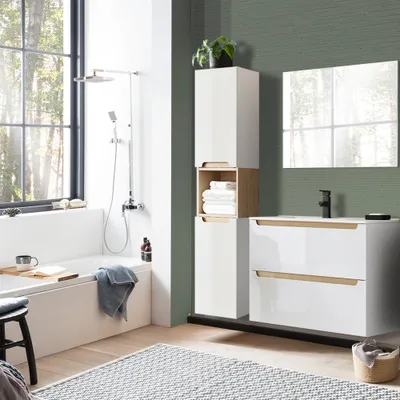 Produktbild von Badmöbel Set Hochglanz weiß mit Trüffel-Buche SOFIA-107 Keramik-Waschbecken, B/H/T ca. 130/200/46 cm