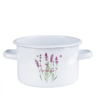 A white enamel pot with a lavender design and the word 'lavender' printed on it.