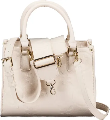 A white handbag with embossed floral patterns and gold hardware, shown against a white background.