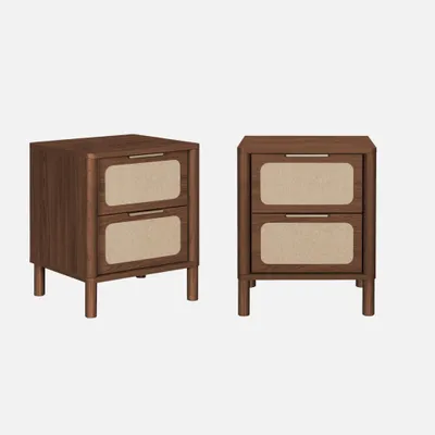 Immagine prodotto di Set di 2 comodini vintage decorazione legno e canna, 2 cassetti , Noce